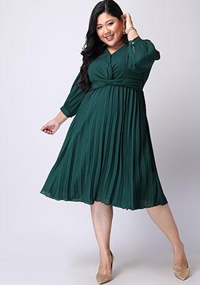 CURVE Dark Green Pleated Front Knot Dress 