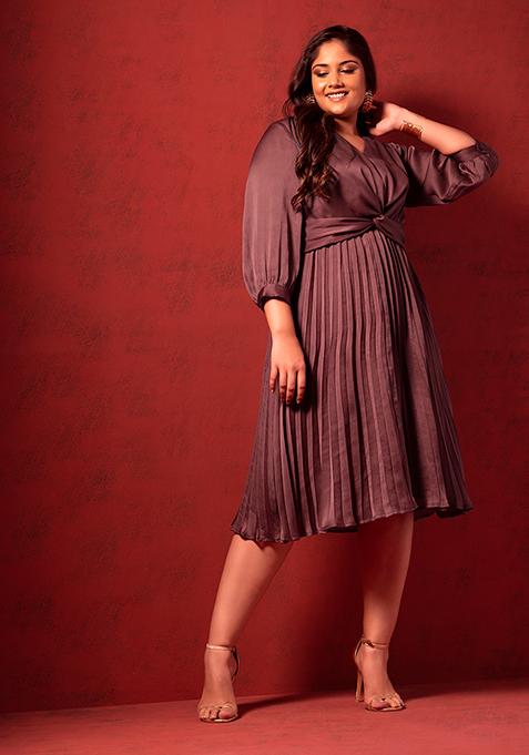 CURVE Maroon Pleated Front Knot Dress