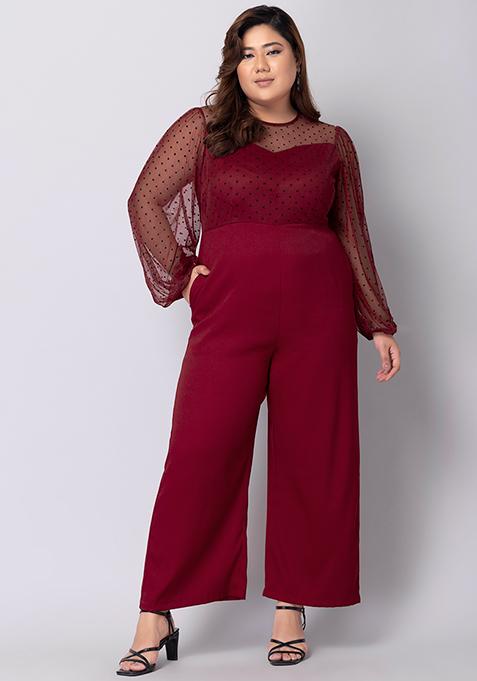 CURVE Maroon Mesh Polka Dot Jumpsuit