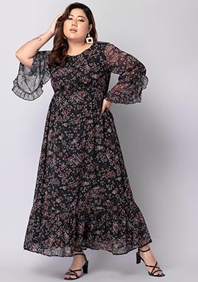 CURVE Black Floral Print Slit Sleeve Maxi Dress