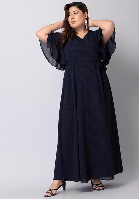 CURVE Navy Blue Flared Sleeve Dress With Belt