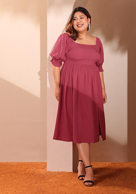 CURVE Hot Pink Puff Sleeve A-Line Dress