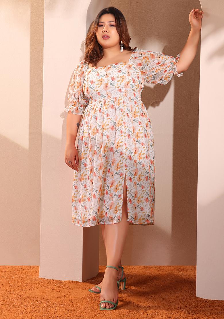 Buy Women Plus Size White Floral Print Puff Sleeve Dress Curve