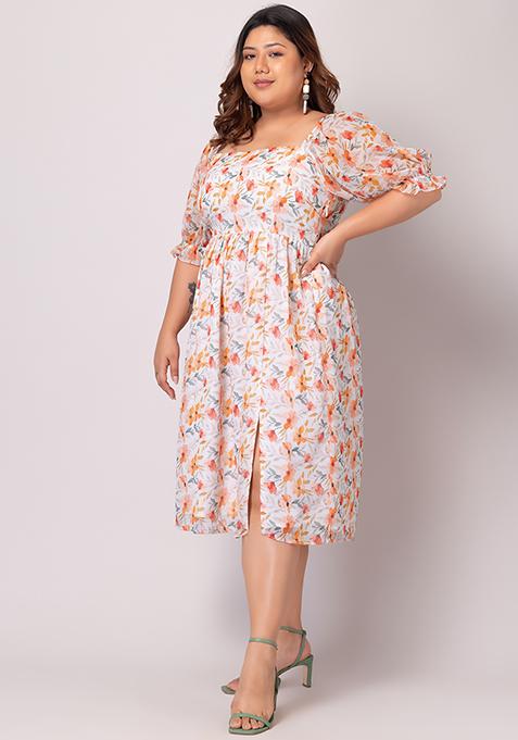 Buy Women Plus Size White Floral Print Puff Sleeve Dress Curve Shift