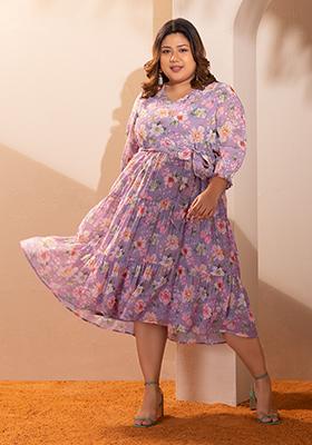 CURVE Lilac Floral Print Midi Dress With Belt
