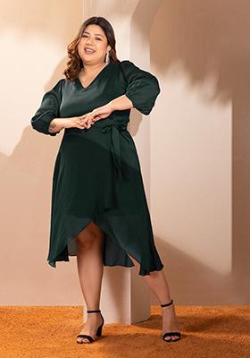 CURVE Dark Green Asymmetric Midi Dress With Belt