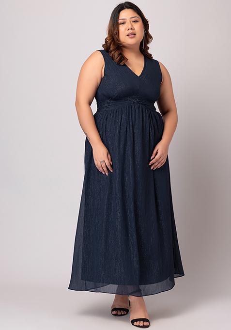 Buy Women Plus Size Navy Blue Gathered Waist Maxi Dress - Curve Maxi ...