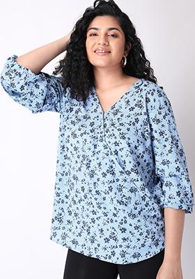 CURVE Blue Floral Layered Sleeve Wrap Top 