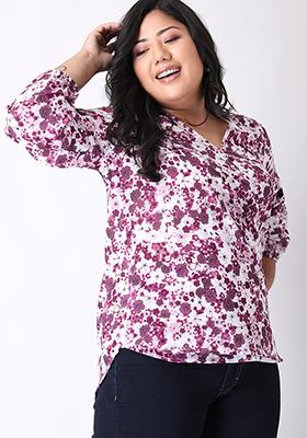 CURVE Wine Floral Layered Sleeve Wrap Top