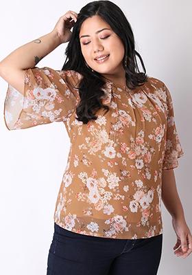 CURVE Mustard Floral Flared Sleeve Blouse