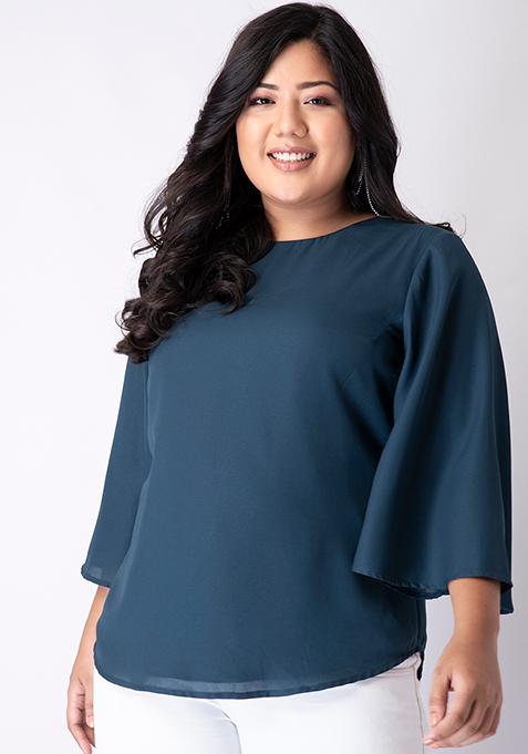 CURVE Navy Flared Sleeve Blouse