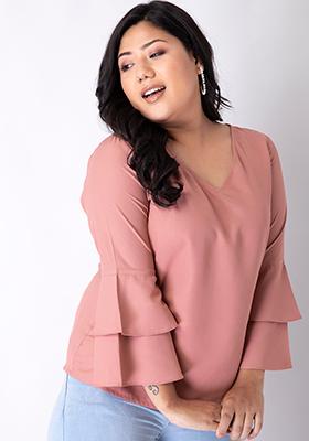 CURVE Dusty Pink Back Tie Bell Sleeve Blouse 