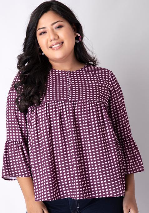 CURVE Wine Polka Bell Sleeve Top