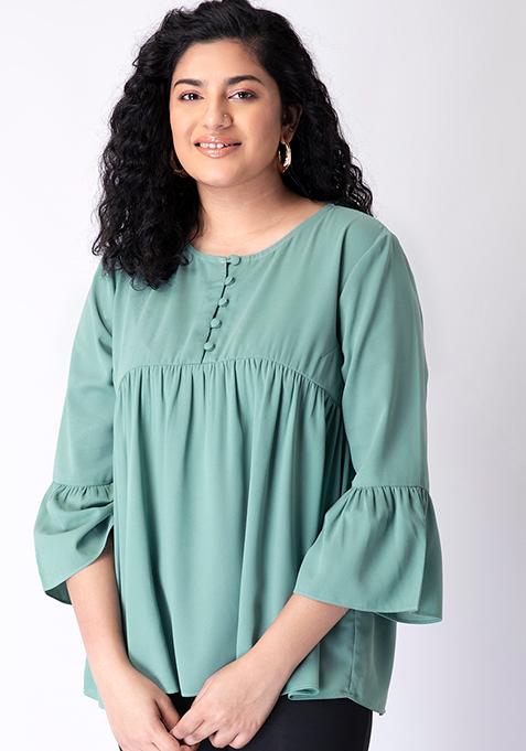 Buy Women Plus Size Dull Green Bell Sleeve Top - Fab Fits All Online ...