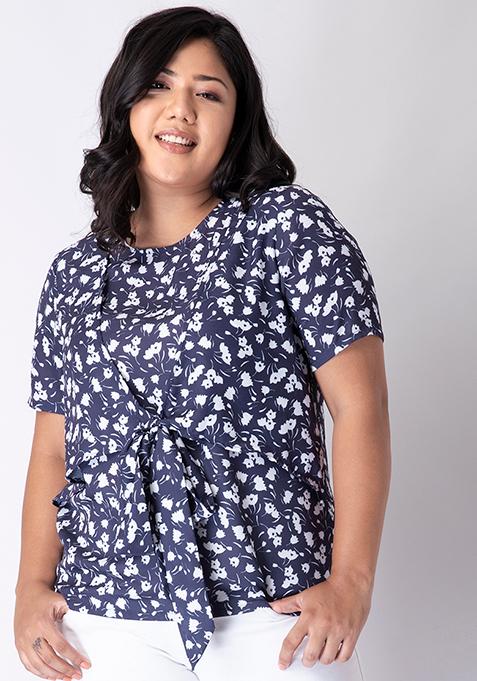 CURVE Navy Floral Overlap Tie Up Detail Top 