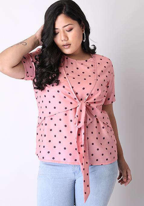 CURVE Peach Polka Overlap Tie Up Detail Top 