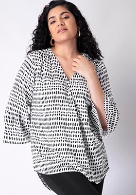 CURVE Black Abstract Print Bell Sleeve Wrap Top 