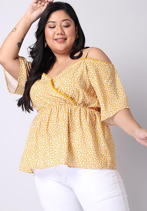 CURVE Mustard Floral Strappy Cold Shoulder Top 