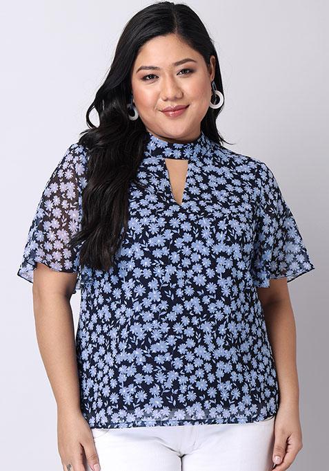 CURVE Blue Floral Keyhole Neck Top 