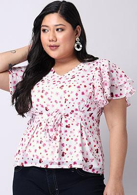 CURVE White Floral Ruffled Sleeve Belted Top