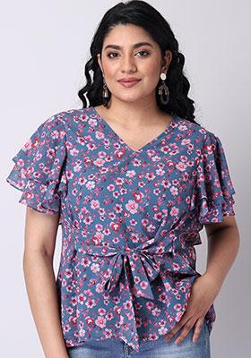CURVE Blue Floral Belted Ruffled Sleeve Top