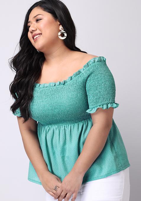 CURVE Green Polka Smocked Off Shoulder Top 