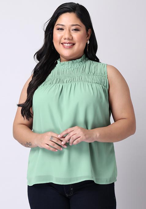 CURVE Green Ruched Yoke Sleeveless Top