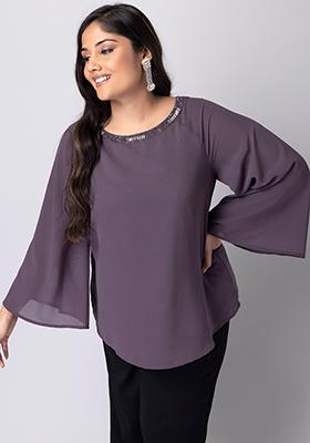 CURVE Purple Embellished Neck Top