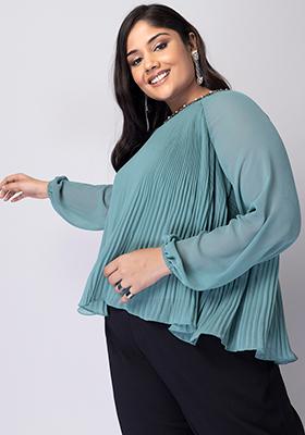 CURVE Blue Embellished Pleated Top