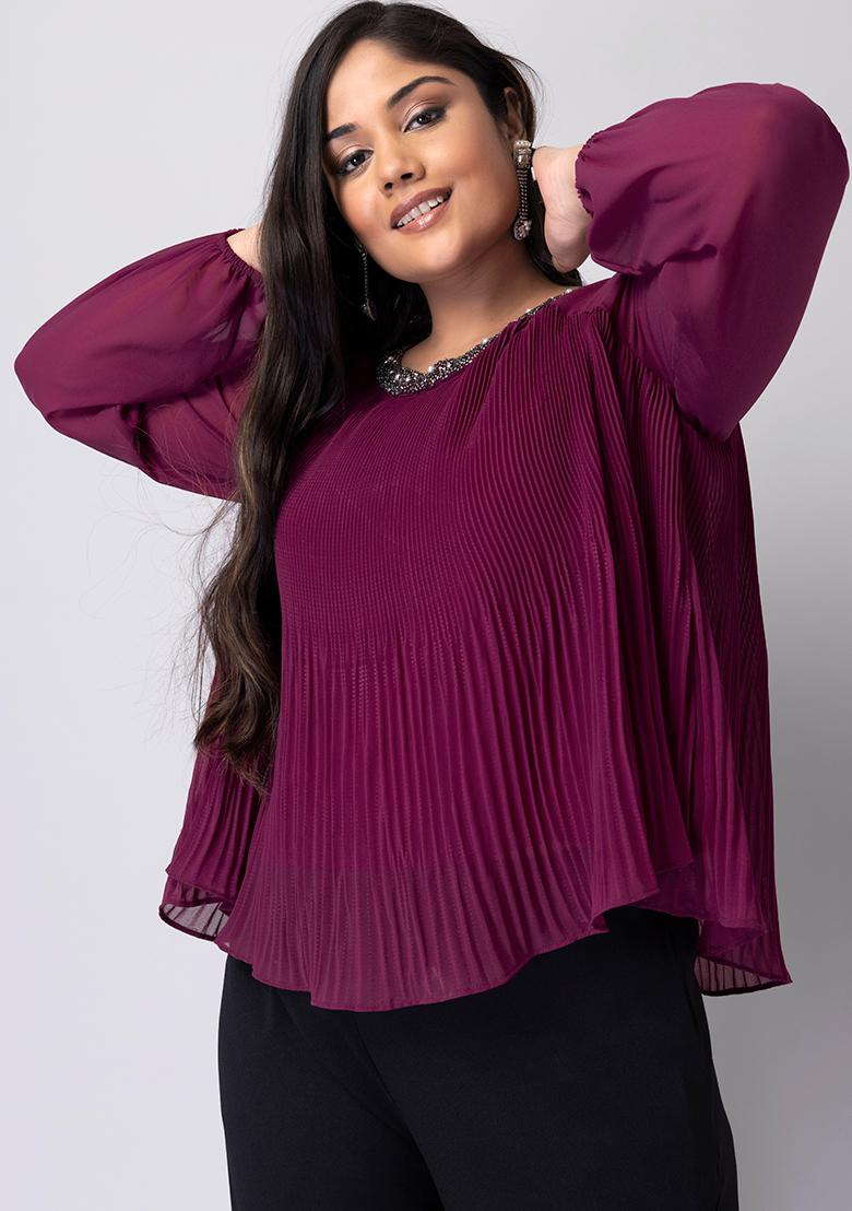 Buy Women Plus Size Purple Embellished Pleated Top - Curve Tops Online India  - FabAlley