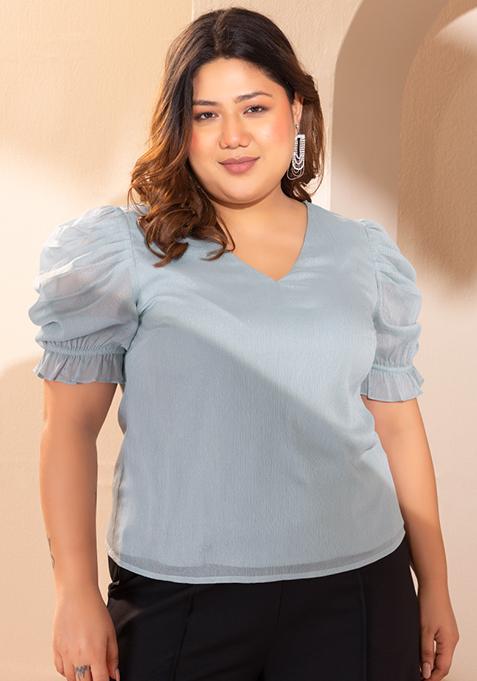 CURVE Light Blue Cowl Sleeve Blouse