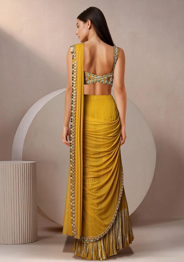 Yellow Pre-Stitched Sharara Saree Set With Hand Embroidered Blouse