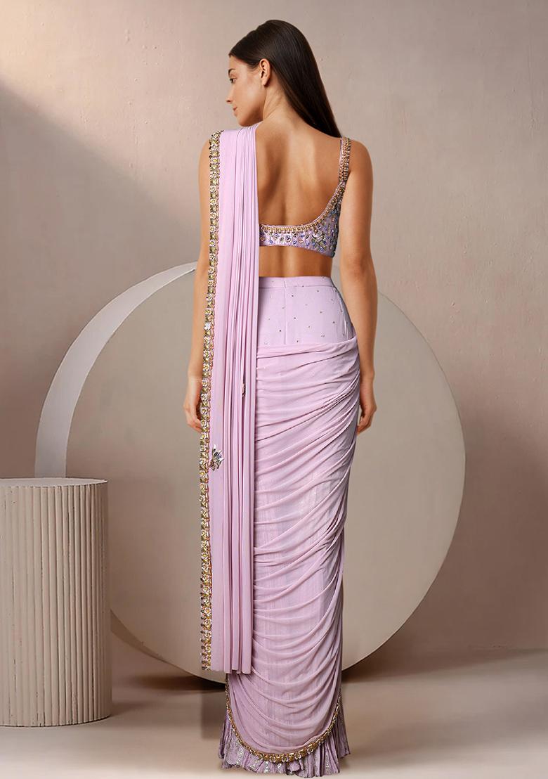 Purple Pre-Stitched Sharara Saree Set With Hand Embroidered Blouse