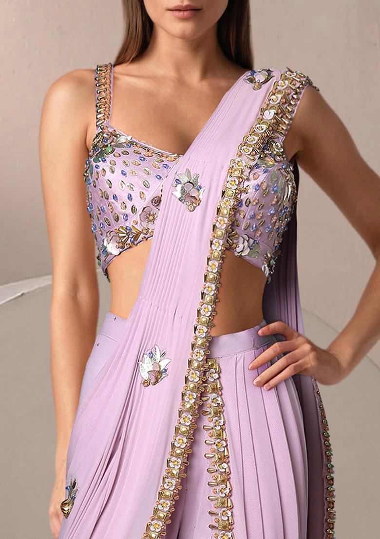 Purple Pre-Stitched Sharara Saree Set With Hand Embroidered Blouse