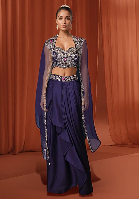 Purple Dhoti Set With Hand Embroidered Blouse And Jacket