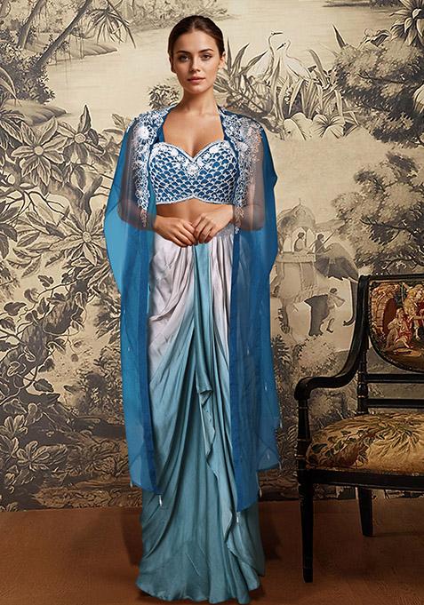 Blue Dhoti Set With Hand Embroidered Blouse And Jacket