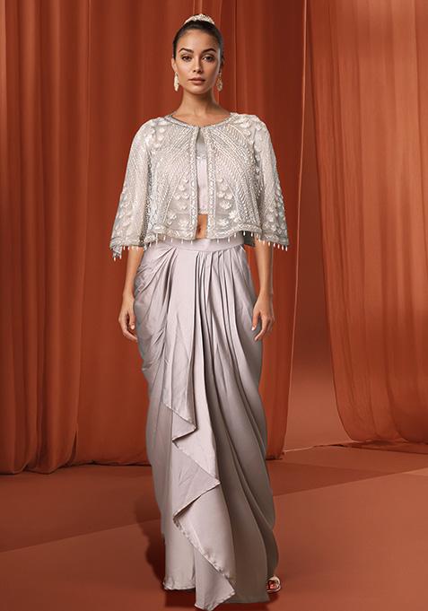 Grey Dhoti Set With Hand Embroidered Blouse And Cape