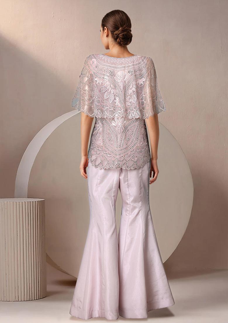Pink Jacket Set With Hand Embroidered Blouse And Palazzo