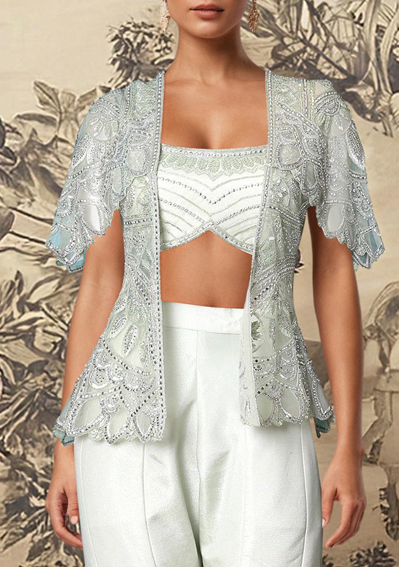 Green Jacket Set With Hand Embroidered Blouse And Palazzo