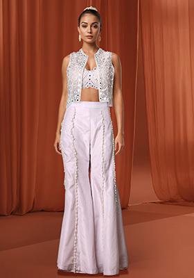 Pink Palazzo Set With Hand Embroidered Blouse And Jacket