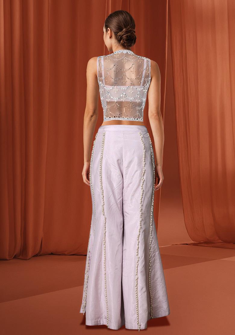 Pink Palazzo Set With Hand Embroidered Blouse And Jacket