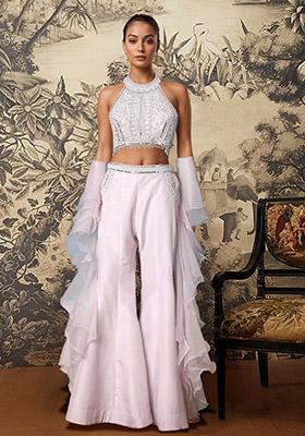 Pink Palazzo Set With Hand Embroidered Blouse And Dupatta