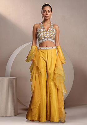 Yellow Palazzo Set With Hand Embroidered Blouse And Dupatta