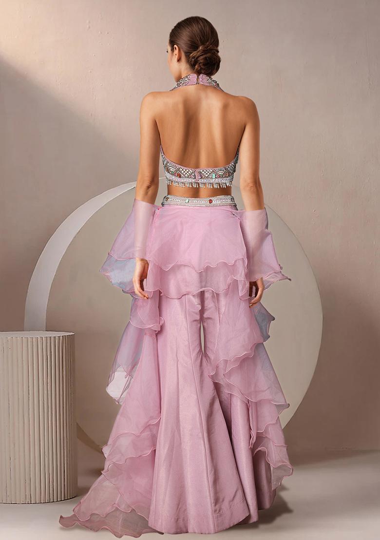 Pink Palazzo Set With Hand Embroidered Blouse And Dupatta