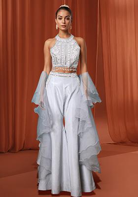 Grey Palazzo Set With Hand Embroidered Blouse And Dupatta