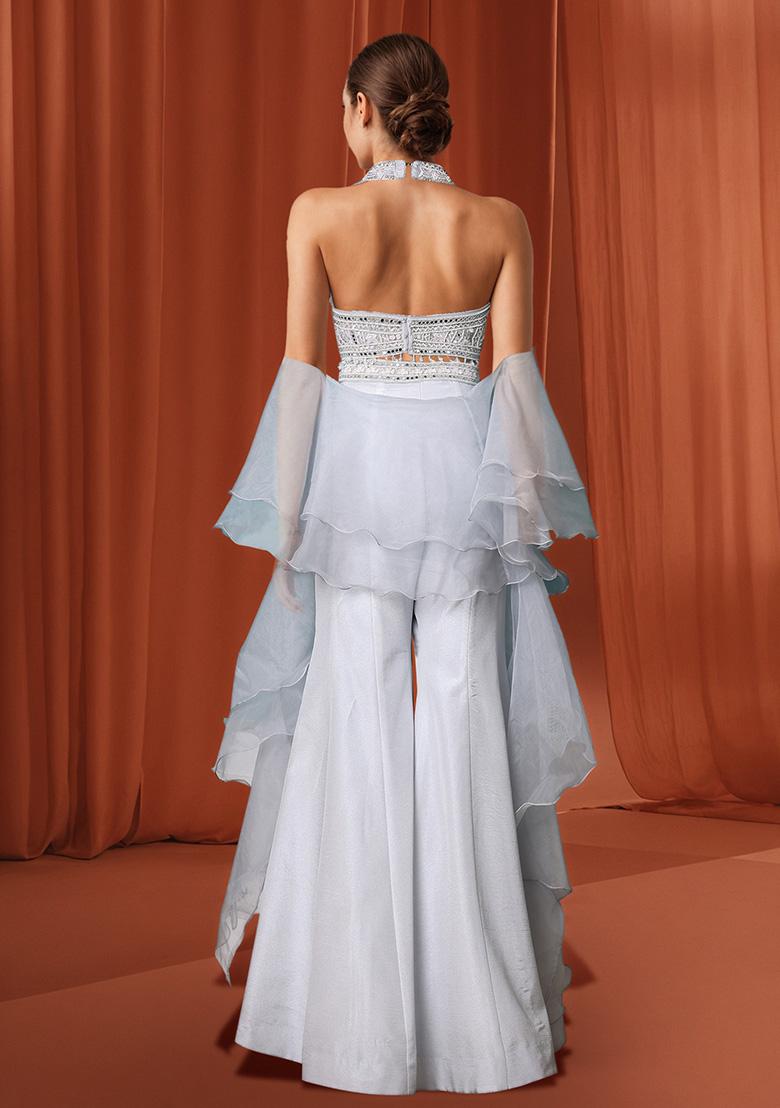 Grey Palazzo Set With Hand Embroidered Blouse And Dupatta