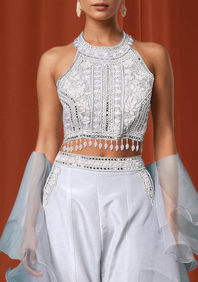 Grey Palazzo Set With Hand Embroidered Blouse And Dupatta