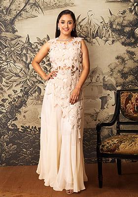 White Skirt Set With Hand Embroidered Cape And Blouse