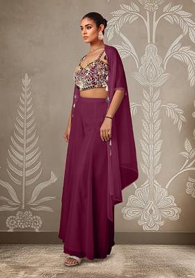 Purple Jacket Set With Hand Embroidered Blouse And Palazzo