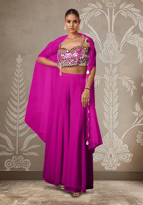 Pink Jacket Set With Hand Embroidered Blouse And Palazzo